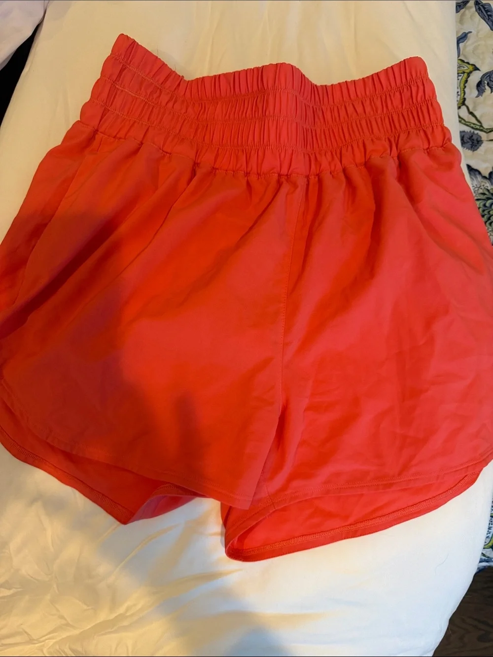 Nike Women's Coral-Red Athletic Shorts with Smocked Waist